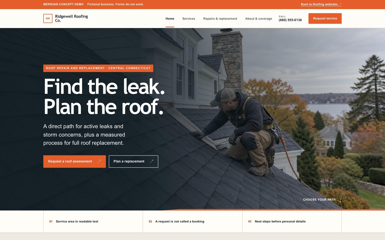 Ridgewell Roofing Co. roofing website concept homepage